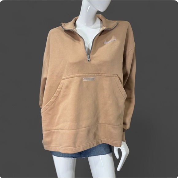 Nike Tops - Nike Quarter Zip Pullover Beige Swoosh Sweatshirt Oversized‎ Women's L Neutral